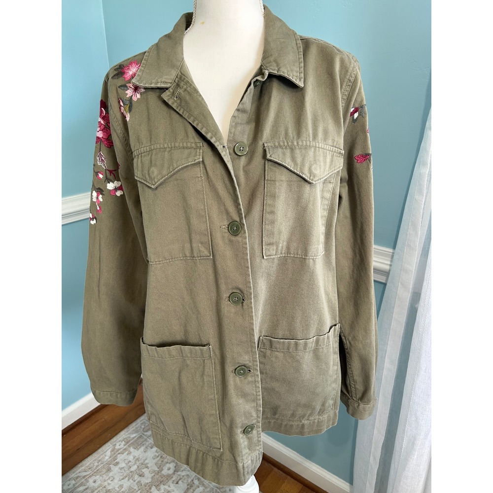 ANA A New Approach Olive Green Floral Embroidered Utility Jacket XL Cotton